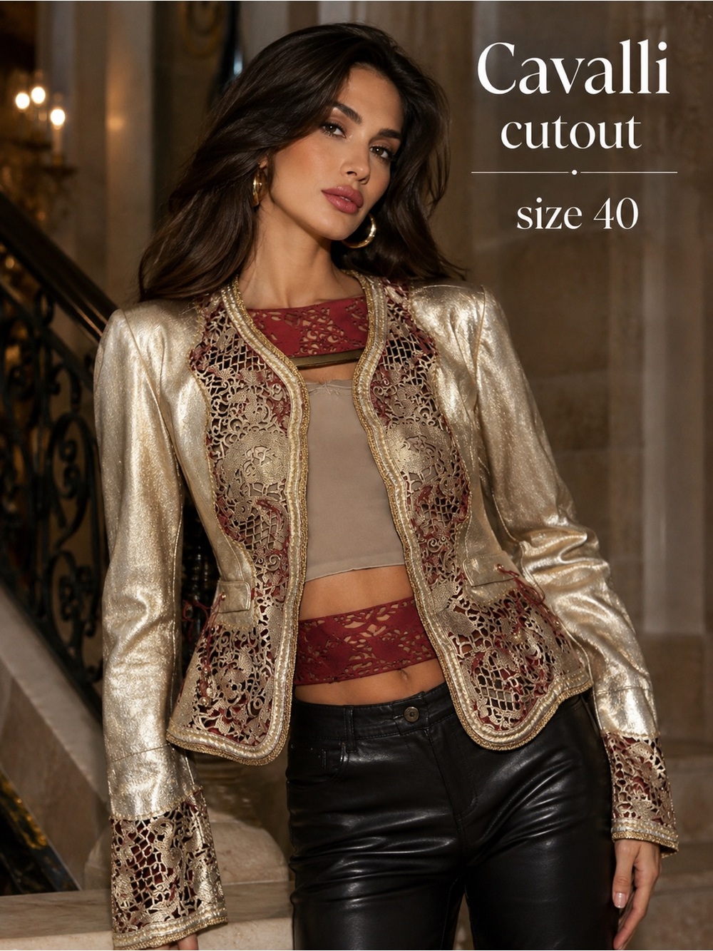 Cavalli Gold Cutout Lace-Trim Jacket - Size 40